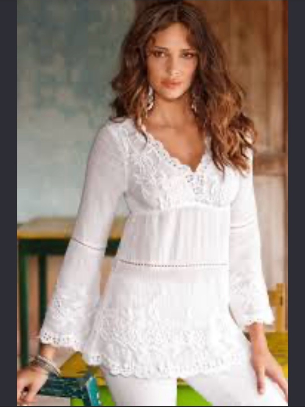 Boston Proper Embroidered Boho White Lace-Trim Women's Tunic Top Size Small